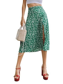 Women's Boho Disty Floral Print Flowy Split Midi Skirt