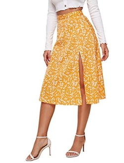 Women's Boho Disty Floral Print Flowy Split Midi Skirt