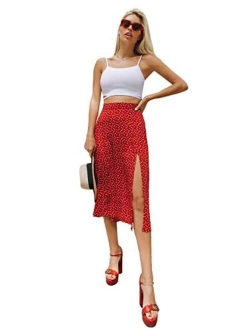 Women's Boho Disty Floral Print Flowy Split Midi Skirt