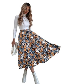 Women's Casual Print Pleated High Waist Ruffle Hem A Line Midi Skirt