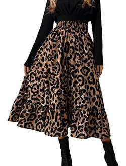 Women's Casual Print Pleated High Waist Ruffle Hem A Line Midi Skirt