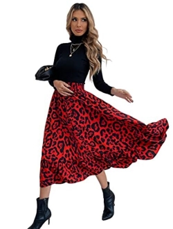 Women's Casual Print Pleated High Waist Ruffle Hem A Line Midi Skirt