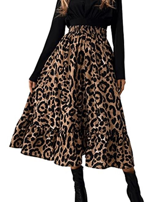 Floerns Women's Casual Print Pleated High Waist Ruffle Hem A Line Midi Skirt