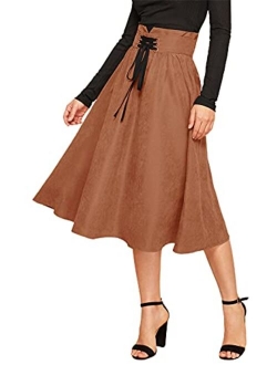 Women's High Waist Flared Pleated Lace up Midi Skirt