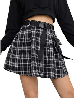 Women's Plaid Print Flared Self Tie A Line Mini Skirt with Flap Pocket