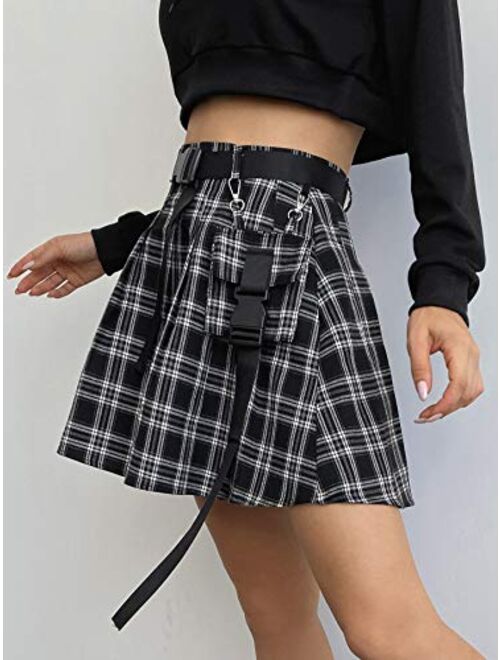 Floerns Women's Plaid Print Flared Self Tie A Line Mini Skirt with Flap Pocket