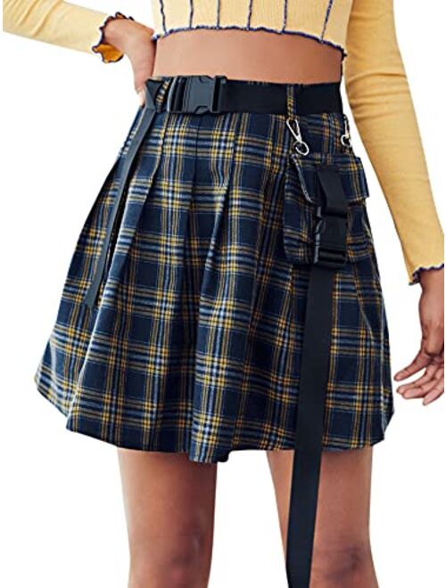 Floerns Women's Plaid Print Flared Self Tie A Line Mini Skirt with Flap Pocket