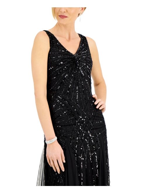 J Kara V-Neck Beaded Gown