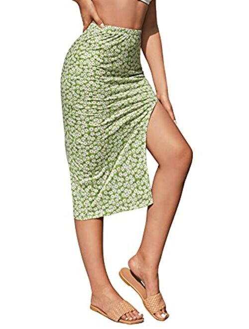 Floerns Women's Summer Floral Print High Waist Split Thigh Midi Skirt