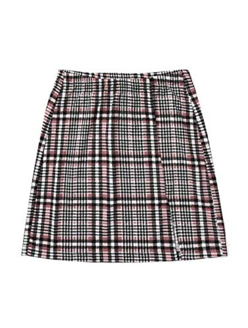 Floerns Women's Plaid High Waist Bodycon Split Mini Skirt