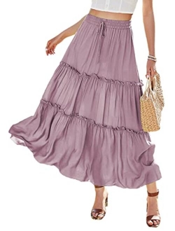 Women's Boho Elastic Waisted Ruffle A Line Beach Long Maxi Skirt