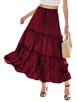 Women's Boho Elastic Waisted Ruffle A Line Beach Long Maxi Skirt