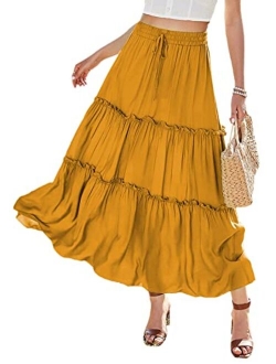 Women's Boho Elastic Waisted Ruffle A Line Beach Long Maxi Skirt