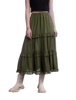 Women's Boho Elastic Waisted Ruffle A Line Beach Long Maxi Skirt