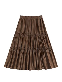 Women's Boho Elastic Waisted Ruffle A Line Beach Long Maxi Skirt