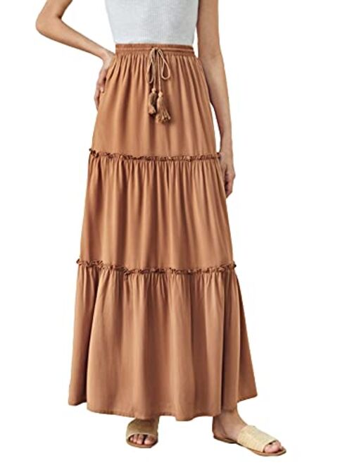 Floerns Women's Boho Elastic Waisted Ruffle A Line Beach Long Maxi Skirt