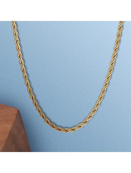 Nautica 2mm - 8mm Rope Chain Necklace for Men or Women in Yellow Gold Plated Brass