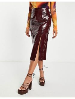 croc PU midi skirt in burgundy