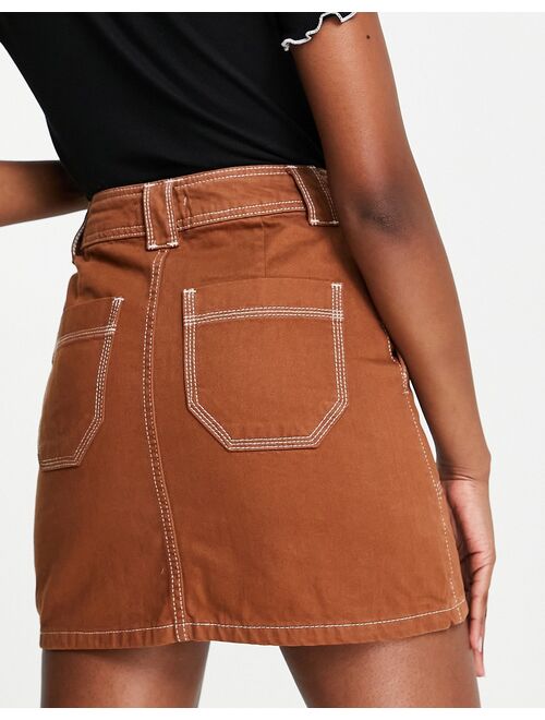 Topshop utility high waist denim skirt in toffee