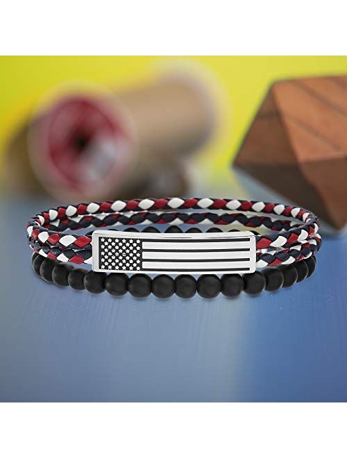 Nautica Stainless Steel American Flag Bar Red White Blue Braided Leather Black Beaded Stretch Bracelet for Men Layered Set