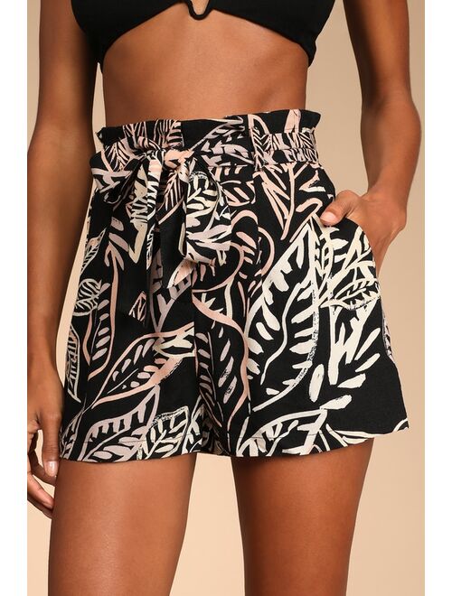 Lulus Breezy Vibes Black Tropical Print Belted Paperbag Waist Shorts