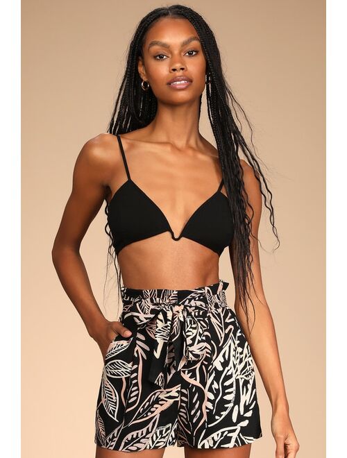 Lulus Breezy Vibes Black Tropical Print Belted Paperbag Waist Shorts