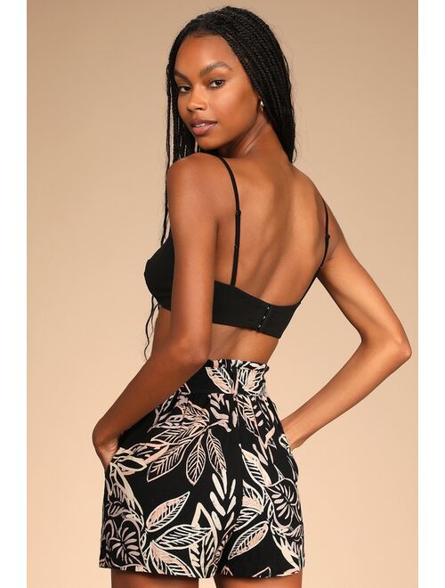 Lulus Breezy Vibes Black Tropical Print Belted Paperbag Waist Shorts