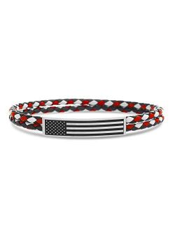 Stainless Steel Double Strand Braided Leather American Flag Bar Bracelet for Men