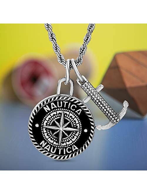 Nautica Oxidized Stainless Steel Black Enamel Compass Anchor Rope Chain Necklace for Men