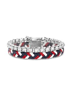 Red White Blue Braided Leather Stainless Steel Rolo Chain Bracelet for Men Layered Set