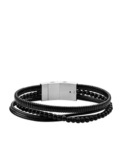 Men's Stainless Steel and Genuine Leather Beaded Bracelet