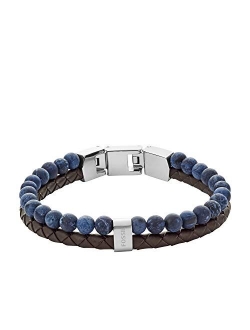 Men's Stainless Steel and Genuine Leather Beaded Bracelet