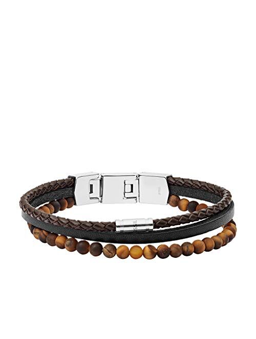 Fossil Men's Stainless Steel and Genuine Leather Beaded Bracelet