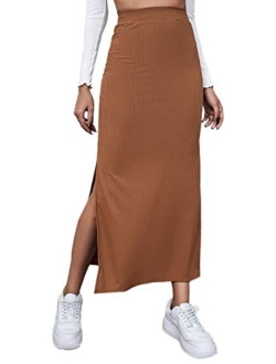 Women's High Waisted Split Thigh Rib Knit Long Bodycon Skirt