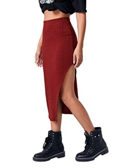 Women's High Waisted Split Thigh Rib Knit Long Bodycon Skirt