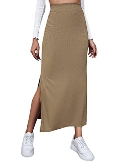 Women's High Waisted Split Thigh Rib Knit Long Bodycon Skirt