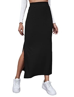 Women's High Waisted Split Thigh Rib Knit Long Bodycon Skirt