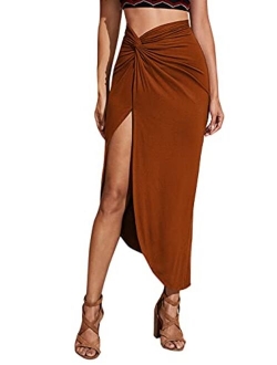 Women's Twist Front Ruched Split Side High Waist Asymmetrical Long Skirt