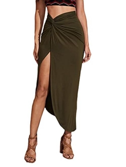 Women's Twist Front Ruched Split Side High Waist Asymmetrical Long Skirt