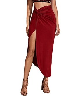 Women's Twist Front Ruched Split Side High Waist Asymmetrical Long Skirt