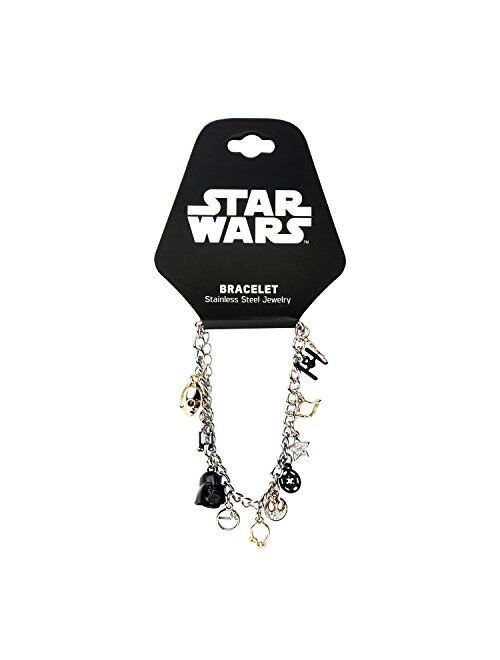 Star Wars Jewelry Men's Multi Charm Stainless Steel Charm Bracelet, 7.5-Inch + 2-Inch extender, Silver, Expandable