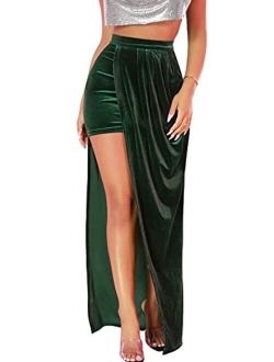 Women's Boho Asymmetrical Velvet High Waisted Bodycon Draped Maxi Skirt