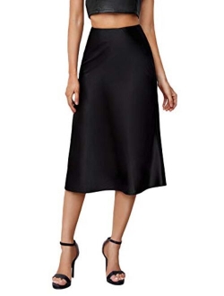 Women's Elegant High Waist Satin A Line Flared Midi Skirt