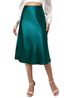 Women's Elegant High Waist Satin A Line Flared Midi Skirt