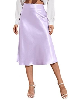 Women's Elegant High Waist Satin A Line Flared Midi Skirt