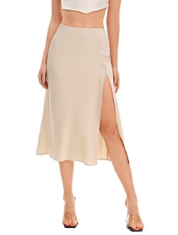 Women's Elegant High Waist Satin A Line Flared Midi Skirt