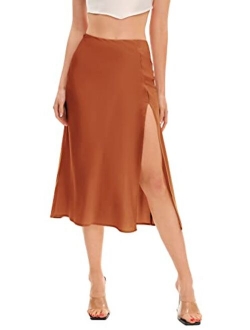 Women's Elegant High Waist Satin A Line Flared Midi Skirt