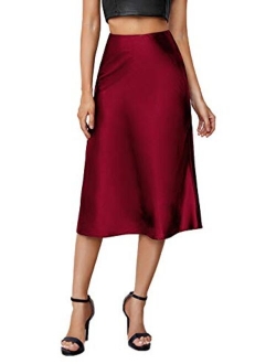 Women's Elegant High Waist Satin A Line Flared Midi Skirt