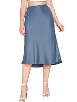 Women's Elegant High Waist Satin A Line Flared Midi Skirt