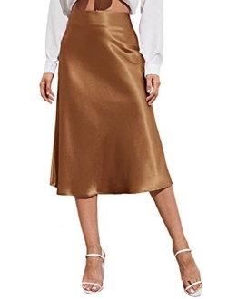 Women's Elegant High Waist Satin A Line Flared Midi Skirt